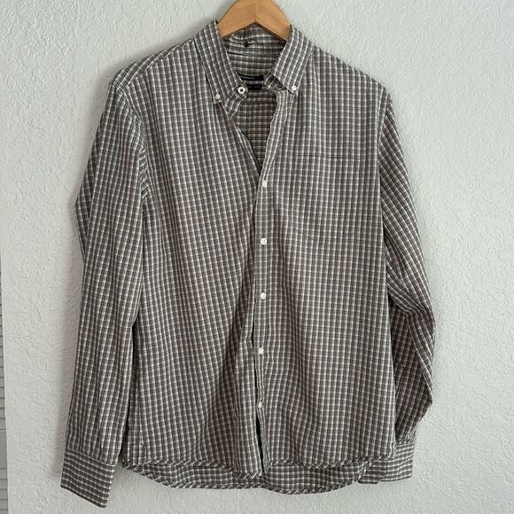 Club Monaco Button Down Shirt Long Sleeve Tan Check Preppy Pocket Plaid Men's - Picture 1 of 9